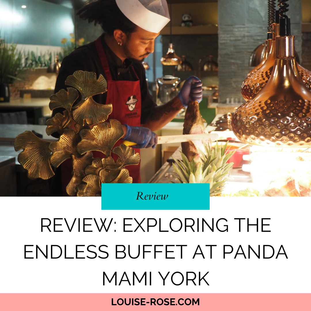 A staff member carving meat at Panda Mami York. The blog post title reads, Review: Exploring the Endless Buffet at Panda Mami York. Louise-Rose.com